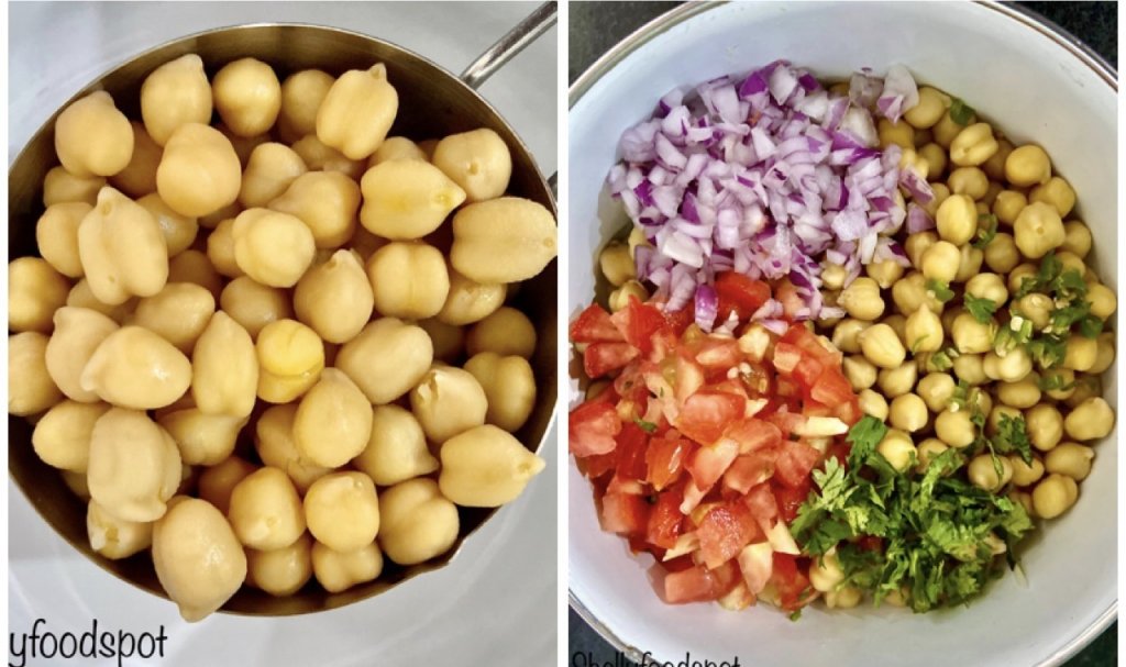 Preparing chickpea salad in a bowl