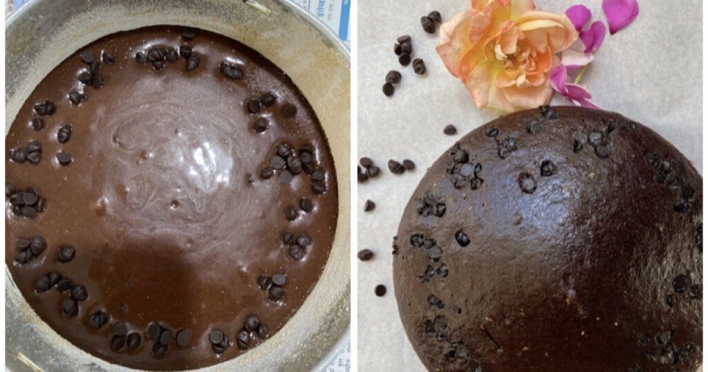 Chocolate cake batter in cake tin