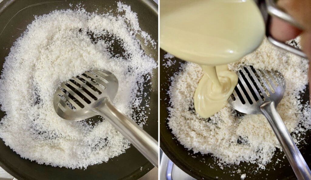 Desiccated coconut and condensed milk on pan