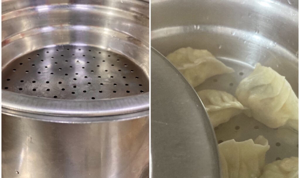 Steaming momos on steaming plate